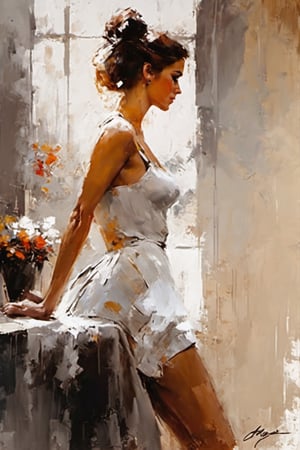 Masterpiece, beautiful woman, (medium breasts:1.1), (nice butt:1.1),  side view, in a bedroom, french maid's  uniform, oil painting, fine brush strokes, trend color 2023, meticulously detailed, in the style of Andre Kohn,ink 