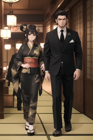 one female, one male, (female, thin, ojou, hair done up, ornate japanese hair ornaments, (black kimono with gold gold eastern dragon design, very detailed kimono, many details on kimono), walking slowly, full body view, elegant, medium breasts, attractive), (men, yakuza, black suit, yakuza in black suit,  gold dragon lapel pin, serious, behind female),  (inside, japanese mansion), amzing detail, very high detail background, extremely high quality, 