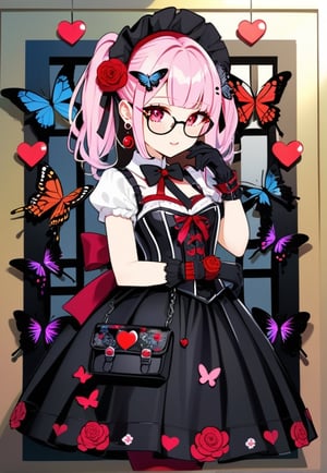 1girl, Catholicpunk aesthetic art, cute goth girl in a fusion of Japanese-inspired Gothic punk fashion, glasses, skulls, goth. black gloves, tight corset, black ribbon, red pantyhose, incorporating traditional Japanese motifs and punk-inspired details,Emphasize the unique synthesis of styles, flowers, butterflies, score_9, score_8_up ,heavy makeup, earrings,  Lolita Fashion Clothes, kawaii, hearts ,emo, kawaiitech, dollskill,chibi,