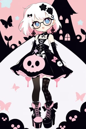 1girl, glasses girl, surprise face, surprised, pastel goth, black tears in her face, rimmel dripping, black liquid, Catholicpunk aesthetic art, gloved hands, cute goth girl in a fusion of Japanese-inspired Gothic punk fashion, glasses, dark, goth. RED gloves, tight corset, incorporating traditional Japanese motifs and punk-inspired details,Emphasize the unique synthesis of styles, score_9, score_8_up, heavy makeup, earrings, kawaiitech, dollskill, chibi, ,BIG EYES,Eyes,ghostface mask,yandere trance,chibi emote style