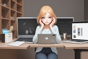 create a image of a lovely girl with a beautiful face and bright eyes. Make the girl sit on a chair and working  on a modern laptop. Make the place quiet and have modern devices inside.