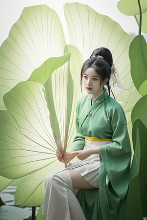 There is a woman in green clothes,handheld fan, palace , girl wearing hanfu, Inspired by Tang Yifen, Inspired by Tang Yin, jingna zhang, Inspired by Qiu Ying, Inspired by Wenjia, by Yu Zhiding, Inspired by Zhang Yin, white hanfu, Inspired by Zhang Yan, Inspired by Huang Ji, Inspired by Gu An,a girl,alone,giant lotus leaf,black hair,skirt,looking at the audience,white skirt,OK,sitting,单OK,foliage,long sleeve,red lips,actual。