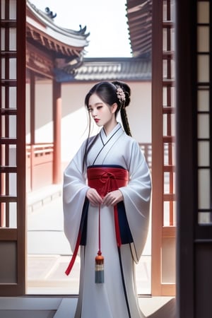 A woman who is,white hanfu,Facing the courtyard wall,,(tmasterpiece,best qualtiy,Complicated details)