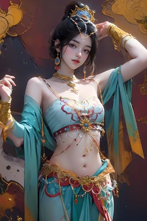 extreme detailed, (masterpiece), (top quality), (best quality), (official art), (beautiful and aesthetic:1.2), (stylish pose), (1 woman), (fractal art:1.3), (colorful), (burgundy-yellow theme: 1.2), ppcp, 七分裙, show navel ,perfect,ChineseWatercolorPainting,a smiling girl