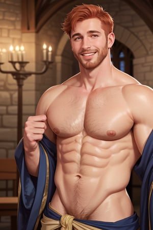 photo of a handsome man, redhead, 40 year old, short messy hair, beard, hairy chest, large pectorals, medieval robe, in a medieval castle, smiling, blushing, realistic, best quality, detailed background, depth of field, intricate details,
