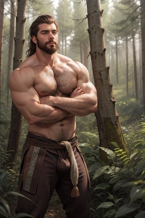 solo male, beard, large pectorals, hairy chest, barbarian clothes, in a forest, volumetric lighting