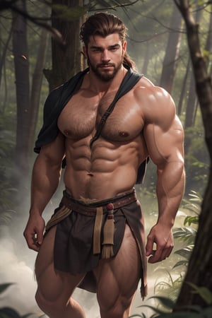 a handsome young age man, beard, large hairy pectorals, in a forest, volumetric lighting, depth of field, barbarian clothes