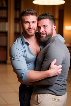 2boys, a handsome middle age man with a beard and dad bod, a handsome 20 year old fit man with a beard, unbuttoned shirts, (hairy chest), embracing, volumetric lighting, depth of field, in a library, a romance book cover 