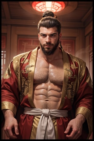 A handsome bearded man, large pectorals, hairy chest, wearing Chinese imperial robes, in a Chinese imperial palace, volumetric lighting