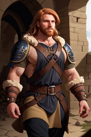 handsome young man, long fair ginger hair, beard, medieval fur clothing, gauntlet, pauldron, harness, chest showing, thick chest hair, hairy body, wandering a ruined medieval fortress, volumetric lighting, chiaroscuro