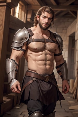 A handsome man, beard, hairy chest, injuried, bandages, in a medieval temple, broken armor, chest showing, fantasy setting