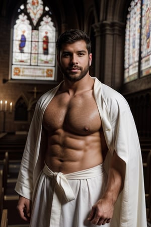 photo of a male cleric, intricate robe, in a dark medieval church, ornate colorful stained glass circular window, cinematic, realistic, best quality, detailed background, depth of field, intricate details, (facial hair), (hairy chest), (puffypecs:1.2), (large pectorals:1.2)