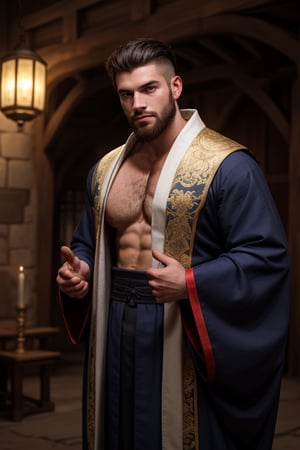 a handsome young age man, beard, large hairy pectorals, in a medieval chantry, volumetric lighting, depth of field, Chinese imperial robes