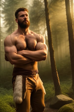 solo male, beard, large pectorals, hairy chest, barbarian clothes, in a forest, volumetric lighting