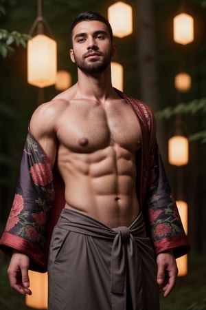 a handsome young age man, beard, large hairy pectorals, in a forest at night, volumetric lighting, depth of field, Chinese imperial robe