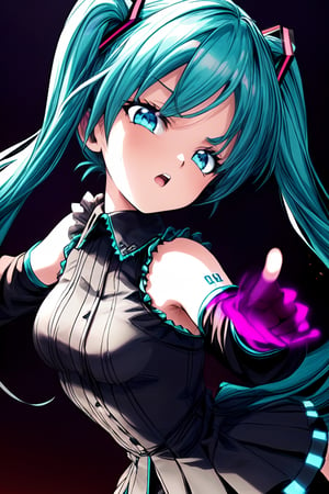 It captures Hatsune Miku in a malevolent and aesthetic combat pose, with her turquoise hair flying in the air while her gaze reflects determination and darkness. The image should convey a sense of power and mystery, with a dark background and visual elements that suggest an epic showdown to come. The photograph should be captured from a low angle, highlighting Miku's figure in the foreground and adding a dramatic effect to the scene