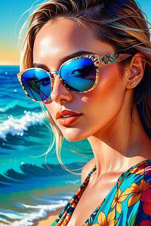 Closeup of a woman's perfect half face, illustration, featuring a captivating expression, complex patterns, highly detailed, warm sunlight, ocean breeze caressing her skin, transparent floral dress, oversized sunglasses, vibrant colors, epic background conveying the essence of a summer beach day, digital painting, dramatic lighting, ultra fine.