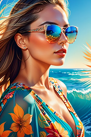 Closeup of a woman's perfect half face, illustration, featuring a captivating expression, complex patterns, highly detailed, warm sunlight, ocean breeze caressing her skin, transparent floral dress, oversized sunglasses, vibrant colors, epic background conveying the essence of a summer beach day, digital painting, dramatic lighting, ultra fine.