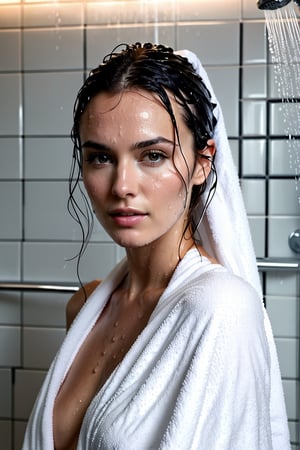 A beautiful woman wrapped in a white towel with wet hair stands in a shower, droplets of water on her skin. She looks directly at the camera with a calm expression, wrapped in a white towel. The background features a tiled, slightly blurred wall, cinematic shot, highest quality, beautiful and aesthetic: 1.2, 8k, ambient lighting, flawlessly composed photograph