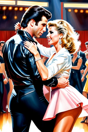 John Travolta and Olivia Newton-John as their Grease characters, captured mid-dance onstage, watercolor style inspired by Greg Rutkowski, trending on ArtStation, sharp focus mimicking studio photography, intricate detailing of period costumes, highly detailed facial expressions, dramatic lighting, ultra realistic.