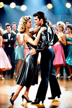 John Travolta and Olivia Newton-John as their Grease characters, captured mid-dance onstage,masterpiece, sharp focus, studio photography, intricate detailing of period costumes, highly detailed facial expressions, dramatic lighting, ultra realistic.
