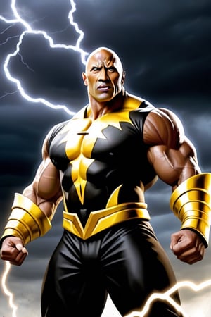 A captivating comic book cover featuring Black Adam, the powerful anti-hero, played by Dwayne Johnson and created by Dan Frazier in an altermodern style. The background
is a dark and stormy sky, with lightning bolts crackling and a sense of impending chaos. Black Adam stands tall, his muscular form glowing with power, holding his lightning-infused fists. The overall vibe is a vintage comic aesthetic, with a modern twist and a touch of the surreal, reminiscent of the iconic Boomhauer art style.

