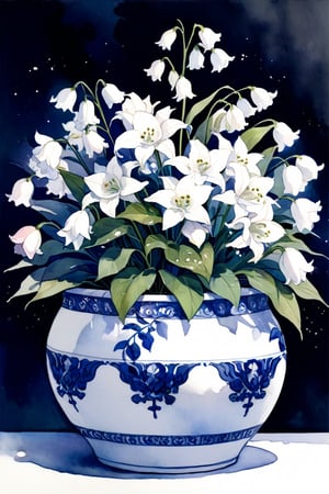 A lily of the valley is planted in a blue and white porcelain flowerpot, blossom, watercolor \(medium\),masterpiece, best quality, aesthetic,(nobody,no girl,goods:1.8),(indoors:1.2),natural light, difference angle shot