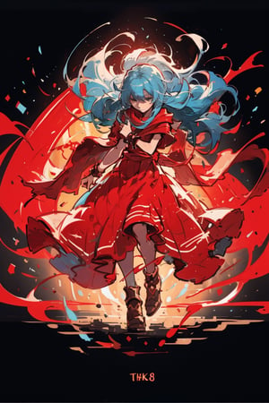 ((top-quality, 8K, masterpiece:1.3)), woman, long hair, light blue hair, reah, red scarf, red cloak, red dress, bracelet, on action, EpicLogo,artistic oil painting stick