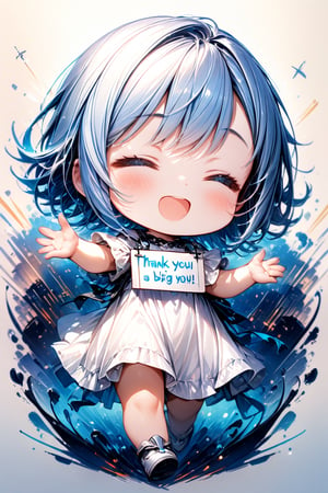 Masterpiece, beautiful chibi girl, long light blue hair, blue eyes, white dress, (She's a very chibi girl. She's holding a big sign saying "Thank you", happy, closed eyes, hand in the air, open mouth. The background is firework, detailed texture, high image quality, high resolution, high precision, realism, color correction. , proper lighting settings, harmonious composition, Behance works, text, text as "THANK YOU",Ink art
