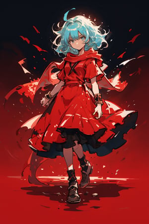 ((top-quality, 8K, masterpiece:1.3)), woman, light blue hair, reah, red scarf, red cloak, red dress, bracelet, on action, EpicLogo,artistic oil painting stick