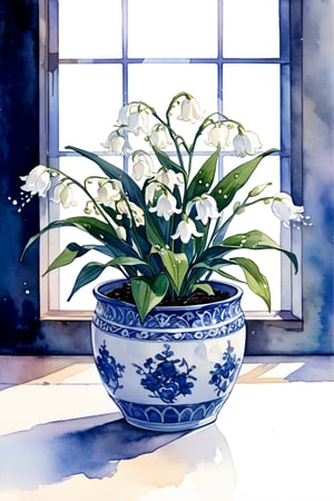 A lily of the valley is planted in a blue and white porcelain flowerpot, blossom, watercolor \(medium\),masterpiece, best quality, aesthetic,(nobody,no girl,goods:1.8),(indoors:1.2),natural light,