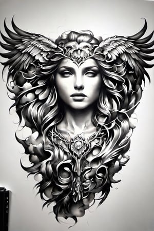 tatto art, ink art, angelic angel, angel wing, beautiful long hair, majestic, masterpiece, complex, complicated art