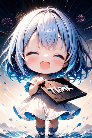 Masterpiece, beautiful chibi girl, long light blue hair, blue eyes, white dress, (She's a very chibi girl. She's holding a big sign saying "Thank you 2k♥", happy, closed eyes, hand in the air, open mouth. The background is firework, detailed texture, high image quality, high resolution, high precision, realism, color correction. , proper lighting settings, harmonious composition, Behance works, text, text as "2 K ♥",Ink art