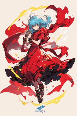 ((top-quality, 8K, masterpiece:1.3)), light blue hair, reah, red scarf, red cloak, red dress, bracelet, on action, EpicLogo