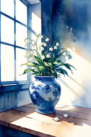 A lily of the valley is planted in a blue and white porcelain flowerpot, blossom, near window, watercolor \(medium\),masterpiece, best quality, aesthetic,(nobody,no girl,goods:1.8),(indoors:1.2),natural light