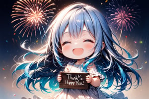 Masterpiece, beautiful chibi girl, long hair, long light blue hair, blue eyes, white dress, (She's a very chibi girl. She's holding a big sign saying "Thank you", happy, closed eyes, hand in the air, open mouth. The background is firework, party time, detailed texture, high image quality, high resolution, high precision, realism, color correction. , proper lighting settings, harmonious composition, Behance works, text, text as "THANK YOU",Ink art