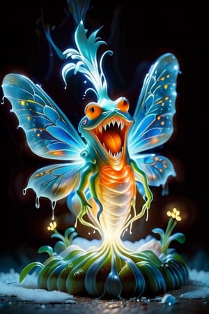 realistic illustration of a monster carrot coming up out of the ground ready to kill someone.backlit lighting froggy and spooky .realistic 3d portrait,bioluminescent. filament glow.beautiful fairy with large blue translucent wings ,white snow scene. blue