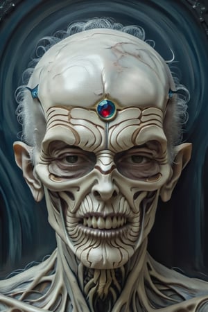 a 90 Year old man tormented by a dream. real in his eyes and devouring his soul slowly. clean face. Generate post traumatic stress disorder, hyper realistic image of a being that thrives on the decay of quantum states, the Quantum Entropy Devourer. Its form is a fluctuating quantum field, with the ability to accelerate the breakdown of matter on a subatomic level. The Devourer emerges in areas where the fabric of reality is already unraveling, hastening the inevitable process of decay.. dark white and indigo 