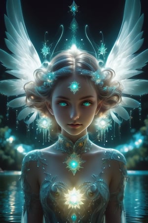 DMT art style.explosive art. bacteria art.fractal. diamond eyes . angel of heaven . furrofluid.. beautiful girl in the lake . backlit . Halloween photography 