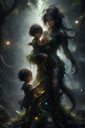  ultra detailed quality .dark gothic horror Filipino women climbing a tree with her children . protecting them from a anaconda 