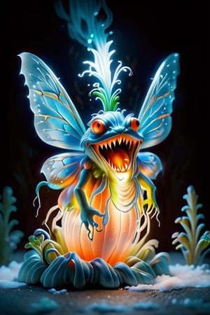 realistic illustration of a monster carrot coming up out of the ground ready to kill someone.backlit lighting froggy and spooky .realistic 3d portrait,bioluminescent. filament glow.beautiful fairy with large blue translucent wings ,white snow scene. 