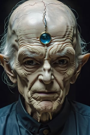 a 90 Year old man tormented by a dream. real in his eyes and devouring his soul slowly. clean face. Generate post traumatic stress disorder, hyper realistic image of a being that thrives on the decay of quantum states, the Quantum Entropy Devourer. Its form is a fluctuating quantum field, with the ability to accelerate the breakdown of matter on a subatomic level. The Devourer emerges in areas where the fabric of reality is already unraveling, hastening the inevitable process of decay.. dark white and indigo .style quadrimatrism