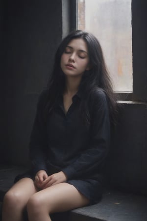1girl, long hair, shirt, black hair, sitting, closed eyes, boots, indoors, lips, black shirt, window, sleeping, messy hair, couch, realistic,APEX colourful ,more detail XL