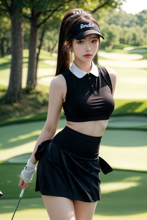 20 years old Japan girl, Japan idol style,masterpiece, best quality, photorealistic, raw photo,high picture quality, high quality, masterpiece, (panties:1.3), (The skirt is turned up to reveal the panties inside:1.4), golf wear, (golf swing:1.1), (skirt up:1.1), (looks panty:1.3), 1girl,long brown hair,ponytail,big breasts,(black sleeveless golf togs:1.4),(white Visor Cap:1.1),white mini skirt,white sneakers,detailed skin,Glamor body type, perfect body, thin waist, large pelvis, long leg, good proportion, big breasts, Glamor body type, full body to feet, delicate facial features, pore, low key,golf course,happy face,little cute girl,blurry light background,Japan,Beauty,(full body:1.2),crossed_legs_(standing)