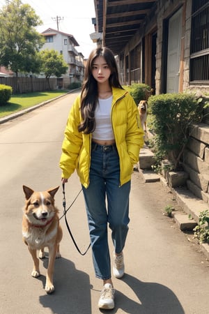 beautiful cute young attractive indian teenage girl, village girl, 18 years old, cute, Instagram model, long yellow_hair, colorful hair, warm, dacing, She is going for a walk with the dog.