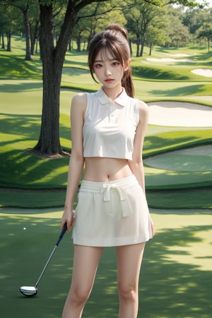 20 years old Japan girl, Japan idol style,masterpiece, best quality, photorealistic, raw photo, 1girl,long brown hair,ponytail,breasts,(white sleeveless golf togs:1.2),white mini skirt,white sneakers,detailed skin,Glamor body type, perfect body, thin waist, large pelvis, long leg, good proportion, Glamor body type, full body to feet, delicate facial features, pore, low key,golf course,happy face,little cute girl,blurry light background,Japan,Beauty,Sexy,(full body:1.2),crossed_legs_(standing)