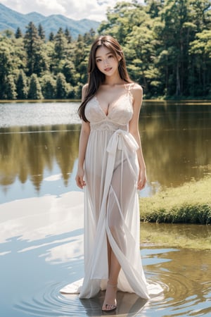 Masterpiece, 16K, intricate details, beautiful Japan girl, big smile, breasts  ,standing in the middle of the beautiful lake,full body, Forest, water, blue, sky, clouds, long brown hair, transparent white long dress,model pose