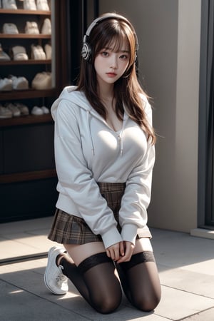 portrait, (hyperrealistic ),ultra realistic illustration, Siena natural ratio,(best quality:1.3),unreal engine 5:1, 16k, sharp focus, octane render, cinematic lighting, HDR10,beautiful [Japan:Korea: 0.4],Japan girl walking in a plushy store, big breasts,white hoodies, shoulder length hair, bangs, headphones, brown tartan mini_skirt, stylish, black cotton stockings, white sneakers,looking at viewer,full body, masterpiece, photorealistic, ultra high resolution, best quality, realistic skin, detailed skin, skin pores,diffused sunlight, depth of field, bokeh,UHD,35mm, RTX on,masterpiece,kneeling