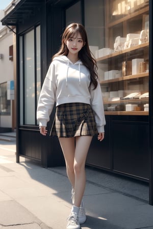 portrait, (hyperrealistic ),ultra realistic illustration, Siena natural ratio,(best quality:1.3),unreal engine 5:1, 16k, sharp focus, octane render, cinematic lighting, HDR10,beautiful [Japan:Korea: 0.4],Japan girl walking in a plushy store, big breasts,white hoodies,(big smile:1.2), long hair, bangs, headphones, brown tartan mini_skirt, stylish, white sneakers,Slender legs,height 170cm, ,looking at viewer,(full body:1.2), masterpiece, photorealistic, ultra high resolution, best quality, realistic skin, detailed skin,skin pores,diffused sunlight, depth of field, bokeh,UHD,35mm, RTX on,masterpiece,model posture