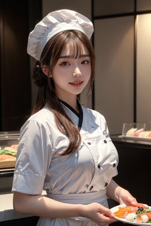 (masterpiece, best quality, ultra-detailed, finely detailed, photorealistic), a close-up portrait of 1 japanese sushi female shop master aged 20, big smile,big breasts,brown hair,updo,blunt bangs,placing a sushi on a plate, standing behind the counter, in white uniform, chef hat,